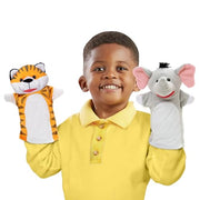 Melissa & Doug Safari Buddies Plush Hand Puppets 6-Piece Pretend Play Set | 6 Plush Safari Animal Hand Puppets, Elephant, Tiger, Parrot, Giraffe, Monkey, Zebra, Washable, Toddler Toys for kids, Ages 2+