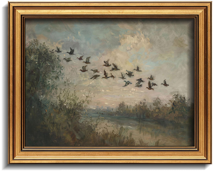 Gold Framed 3D Textured Wall Art, Vintage Misty Lake Forest Flying Duck Canvas Prints, Nature Landscape Flock of birds Pictures Decor, Rustic Farmhouse Wildlife Artwork for Living Room Bedroom 12x16in