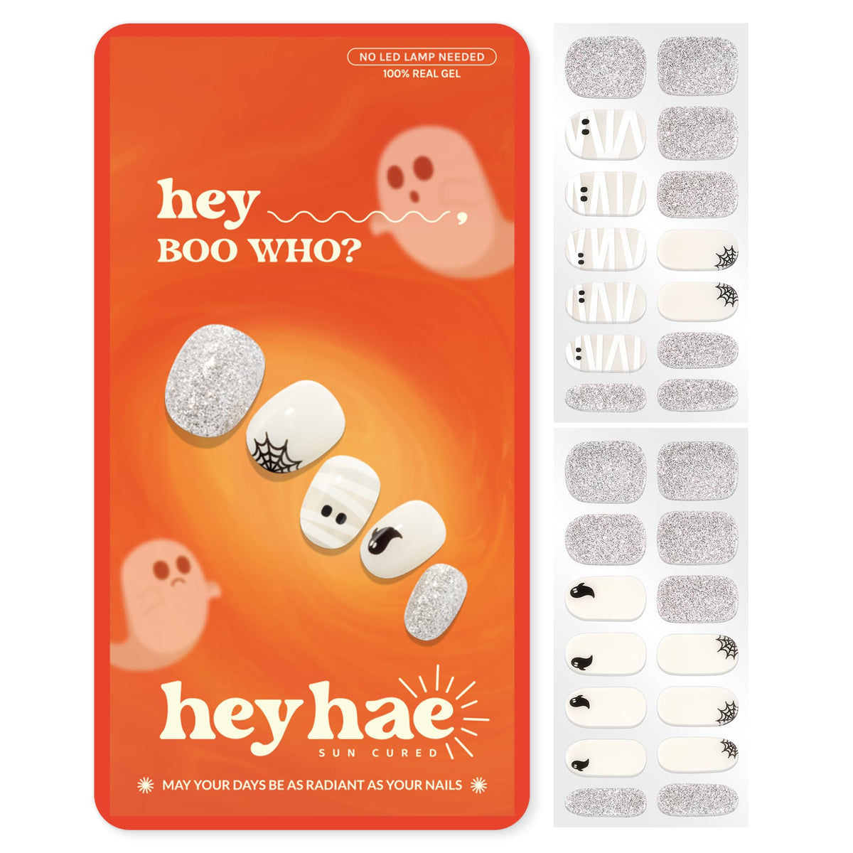 Heyhae Semi Cured Gel Nail Strips - Hey, Boo Who? | Halloween | Sun Cured No UV Light Needed, Salon Quality, Easy Apply & Remove | 28 Strips, Prep Pad, Nail File, Wooden Stick