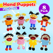 4E's Novelty Multicultural Hand Puppets for Kids - 8 Pack with Movable Mouth, Bulk Soft Plush Puppets for Kids Ages 4-8, for School Home Theater Shows, Teachers Classroom Supplies