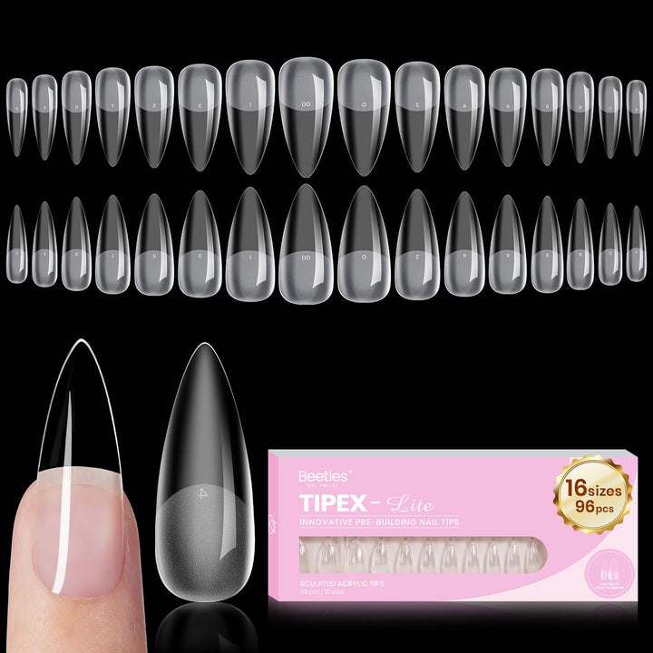 Beetles Tipex Lite Instant Apex Nail Tips, Medium Stiletto, 16 Sizes(00-14) | No Builder Gel Needed, Etched-free Acrylic Nails for DIY Salon-look False Nail Extensions, Full Cover Soft Gel Tips