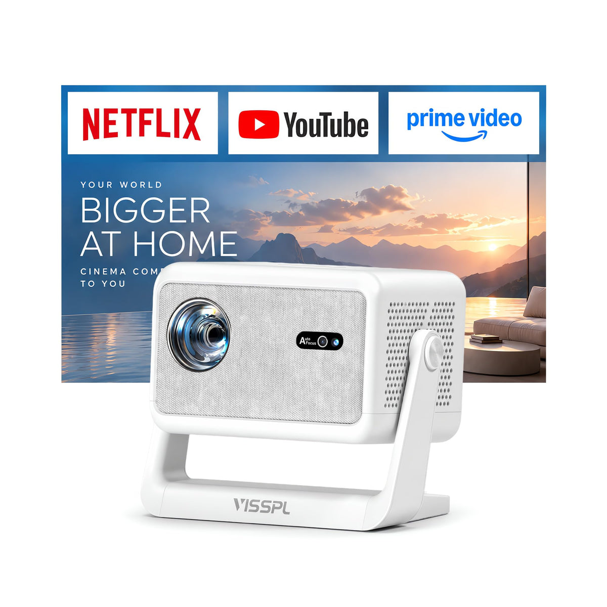 4000ANSI 4K Smart Projector with WiFi and Bluetooth, Auto Focus | Now with Netflix ,Auto Keystone, 360° Rotatable Stand, Ultra Low Noise, Outdoor Home Theater, HDMI, USB