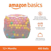 Amazon Basics BPA Free Ball Pit Balls with Storage Bag, Crush-Proof Plastic for Toddlers Kids 12+ Months Play, Phthalate Free, 6 Bright Colors, Pack of 400