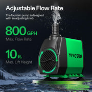 VIVOSUN 800GPH Submersible Fountain Water Pump for Pond, Aquarium, Statuary | 3000L/H, 50W, Ultra Quiet Water Pump with 10ft. High Lift and 6.5ft. Power Cord, 3 Nozzles for Hydroponics, Green