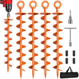 Phopich Ground Anchor Screw in, 4 Pack Spiral Trampoline Anchors with Nut and Tool Swing Set Anchors Tent Stakes High Wind Heavy Duty for Sheds, Carports, Mobile Home Orange