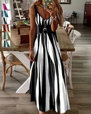 ⏸Striped Patchwork Suspender V-Neck Dress