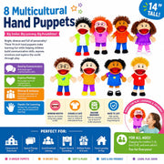 Fun Express Hand Puppets for Kids, 8 Multicultural, 14 Inch | Plush with Movable Mouths, Speech Therapy, Social Emotional Learning, Dramatic Play