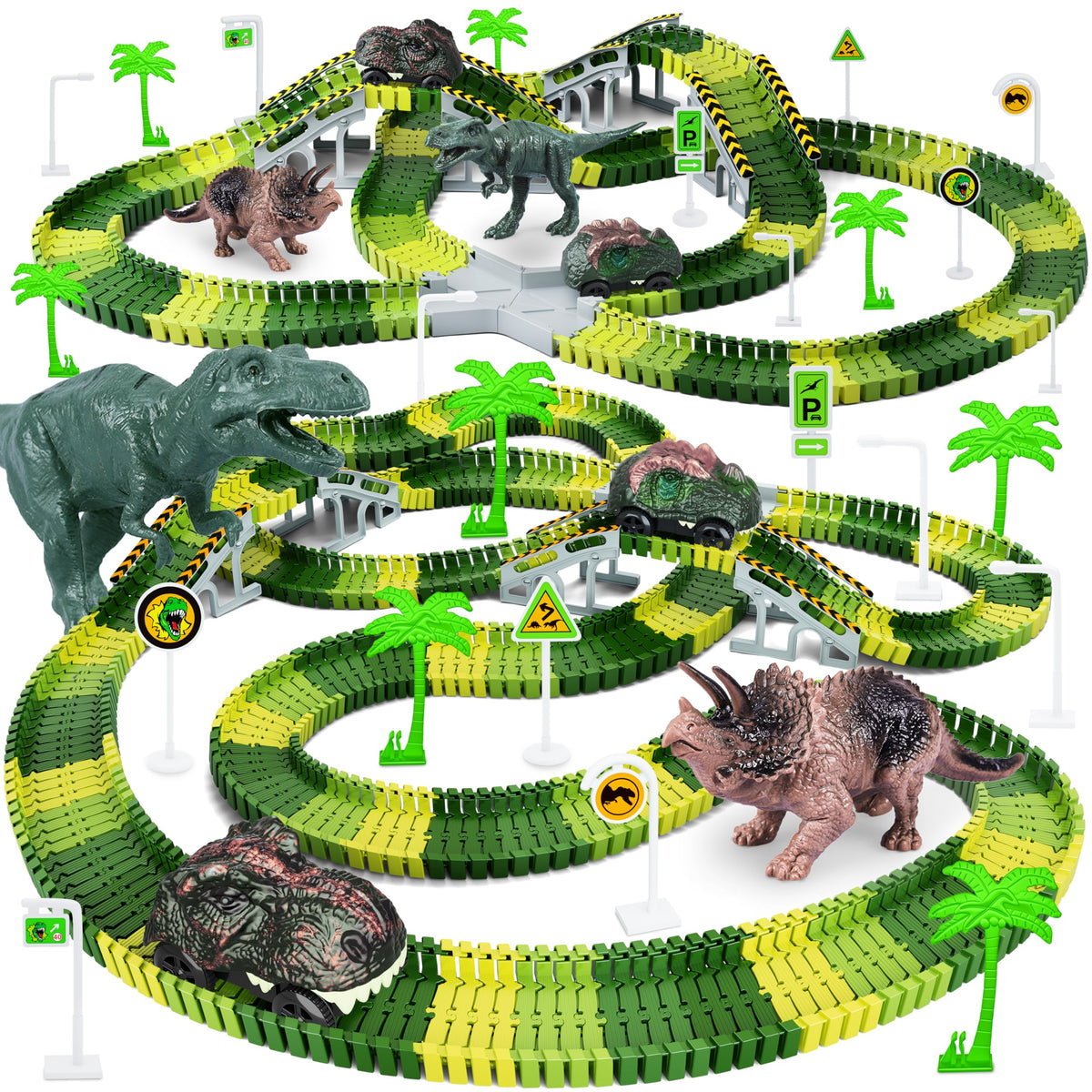 Dinosaur Toys, Create A Dinosaur World Road Race, Dinosaur Track Toys | Flexible Track Playset, 2 pcs Cool Dinosaur Car, Dinosaur Race Car Track for 3 4 5 6 Year & Up Old Boy Girls Best Gift