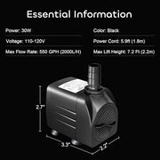 GROWNEER 550GPH Submersible Pump 30W Fountain Aquarium Water Pump | 2000L/H, with 7.2ft High Lift, 3 Nozzles for Fish Tank, Pond, Hydroponics, Statuary, Pool, Water feature, 5.9ft Power Cord
