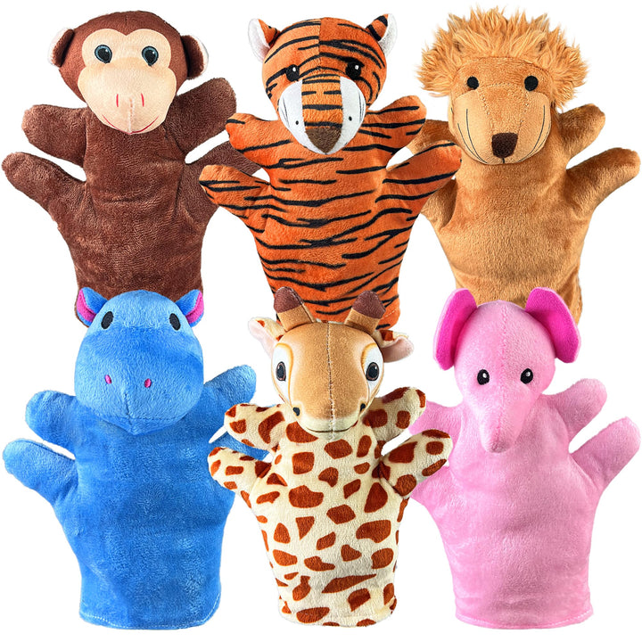 6 PCS Hand Puppets Set Animal Plush Puppet | Storytelling Teaching Toys for Kids Classroom Shows Birthday Party Favor Supplies Elephant Tiger Giraffe Monkey Lion Hippo
