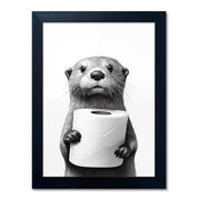 Bathroom Picture Wall Decor, Framed Black and White Bathroom Wall Art, Toilet Paper in Little Funny Raccoon's Hand Animal Canvas Print Painting
