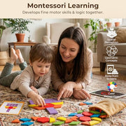 LovesTown 209 PCS Shapes Wooden Pattern Blocks for Kids | Geometric with Activity Cards, Storage Bag, Educational Tangram Puzzles, Great Learning Gift