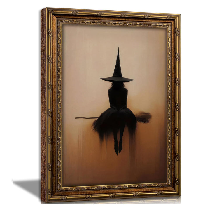 Vintage Gold Framed Halloween Canvas Wall Art, (Witch, 8"x10", Framed) | Minimalist Halloween Witch Pictures Wall Decor, Gothic Spooky Prints Paintings, Dark Academia Artwork for Living Room