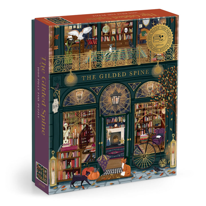 Galison - The Gilded Spine 1000 Piece Jigsaw Puzzle with Foil for Adults | Illustrated by Sally Wilson, Book Storefront, Gold Accents, Challenging, Recycled Paper, No Dust, Finished Size 27" x 20"