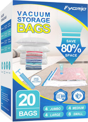 Fygrip 80% Space Saver Vacuum Storage Bags with Hand Pump, 20 Combo | Plastic Packaging Bags, Vacuum Seal Bags for Clothing, Travel Luggage, Blankets, Comforters