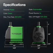 VIVOSUN 800GPH Submersible Fountain Water Pump for Pond, Aquarium, Statuary | 3000L/H, 50W, Ultra Quiet Water Pump with 10ft. High Lift and 6.5ft. Power Cord, 3 Nozzles for Hydroponics, Green