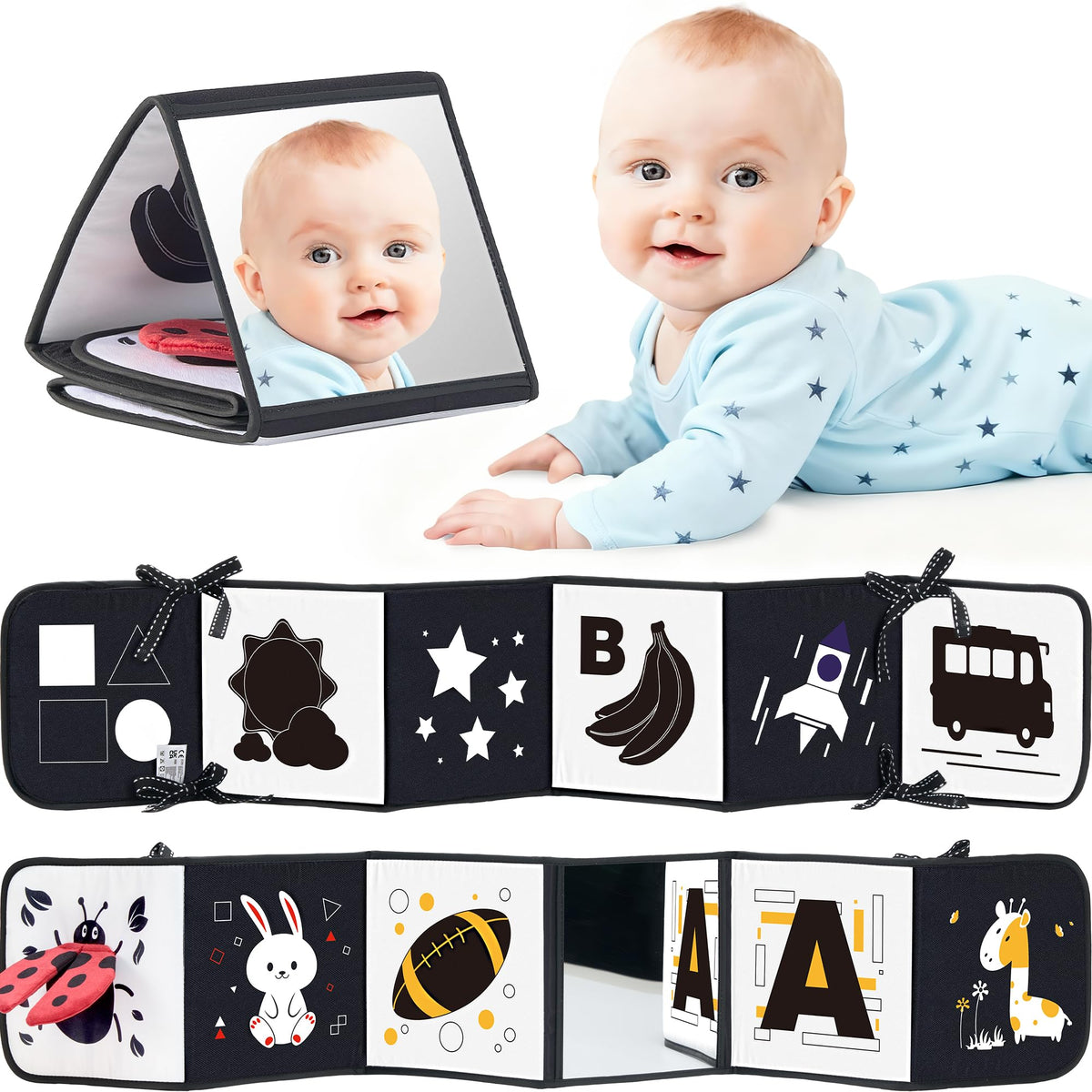 Infinno High Contrast Baby Book, Black and White, Tummy Time Mirror Toy | Newborn visual stimulation 0-6 months, Montessori sensory play, soft crinkle pages, folds flat,stands on a baby gym mat