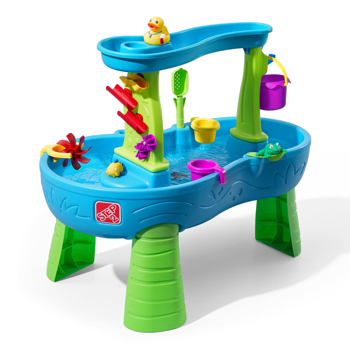 Step2 Rain Showers Splash Pond Toddler Water Table, Outdoor Kids Water Sensory Table, Ages 18+ Months, 13 Piece Water Toy Accessories, Blue & Green