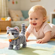 Hopearl Walking Gray Tabby Cat Interactive Electronic Pet Plush Kitty Toy with Sounds and Movements Animated Meow Shake Head Wiggle Tail Gifts for Toddlers Birthday, Gray, 7''