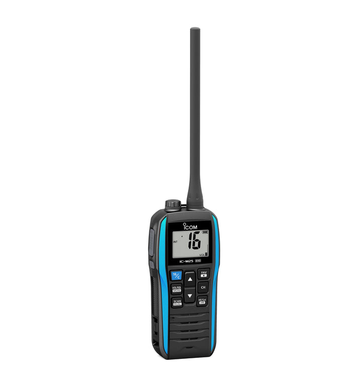 Icom M25EVO Blue Marine VHF Radio | Floating | Waterproof | USB Charging | Lightweight | Long Battery Life | Boating Essentials