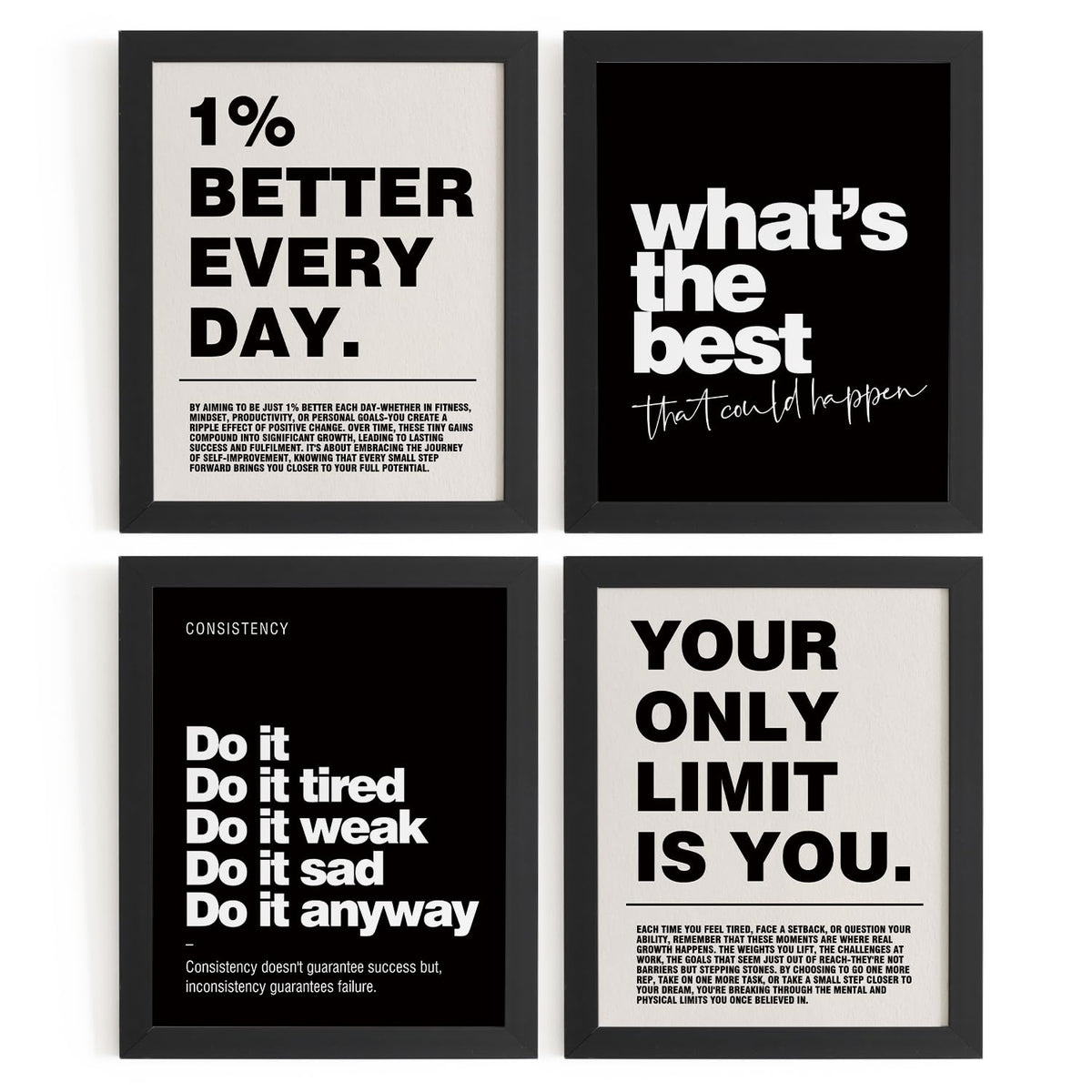 DSHFG Motivational Inspirational Office Wall Art Decor Prints Set of 4 | Black Office Motivational Wall Decor Trendy Retro Positive Affirmations Quotes Wall Decor Gym Posters, 8x10 Unframed