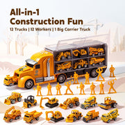 JOYIN 25-in-1 Construction Truck Toy Set with 12 Vehicles & 12 Worker Figures, Push and Go Toy Trucks with Sound and Light, Construction Toys Birthday Gifts for Kids 3 4 5 6 7 Years Old