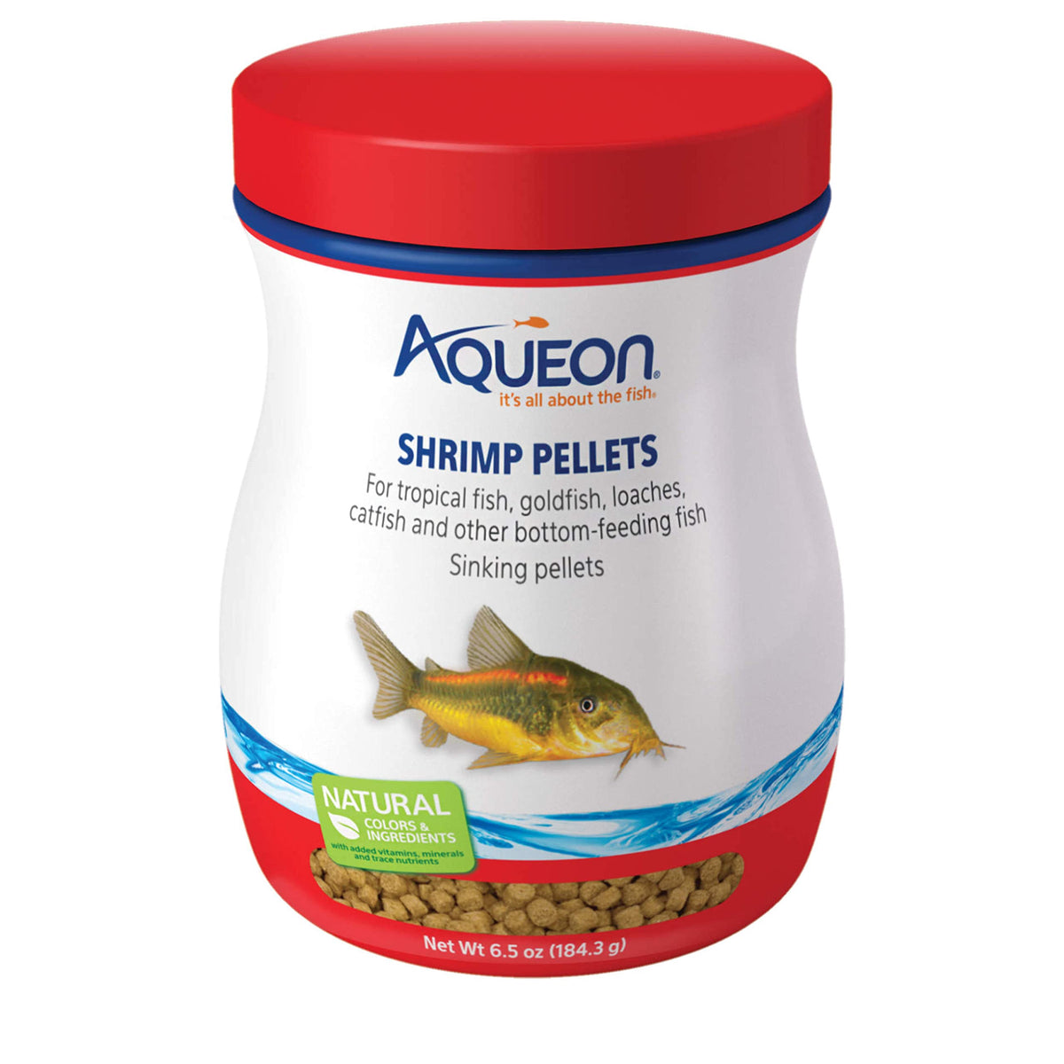 Aqueon Shrimp Pellets Sinking Food for Tropical Fish, 6.5 oz | Bottom feeder fish food, approx. 9mm fish food pellets for catfish, loaches, cory catfish and South American cichlids