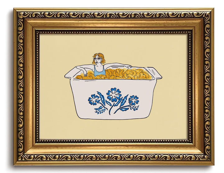 Whimsical Kitchen Wall Art Vintage Gold Framed Mac and Cheese Wall Decor | Fun Kitchen Food Canvas Art Nostalgic Blue Cornflower Pictures Cute Girl Artwork Retro Paintings for Kitchen Dining Room