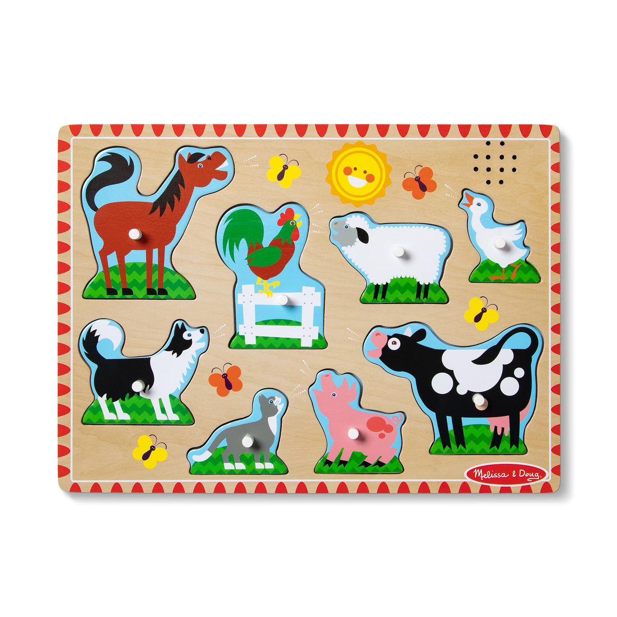 Melissa & Doug Farm Animals Wooden Sound Peg Puzzle 8-Piece Set | 8 Peg Pieces, Wooden Board, Light-Activated Sounds, Builds Matching & Motor Skills, Montessori Inspired Toddler Toys, Ages 2+