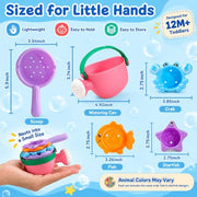 Fajiabao Toddler Bath Toys for Kids Ages 1-3 Stack, Scoop & Pour Set 5PCS | Drain Quickly Nest for Easy Storage & Stuffers with 3 Animal Stacking Cups, Watering Can & Scoop That Floating Tub Water Play