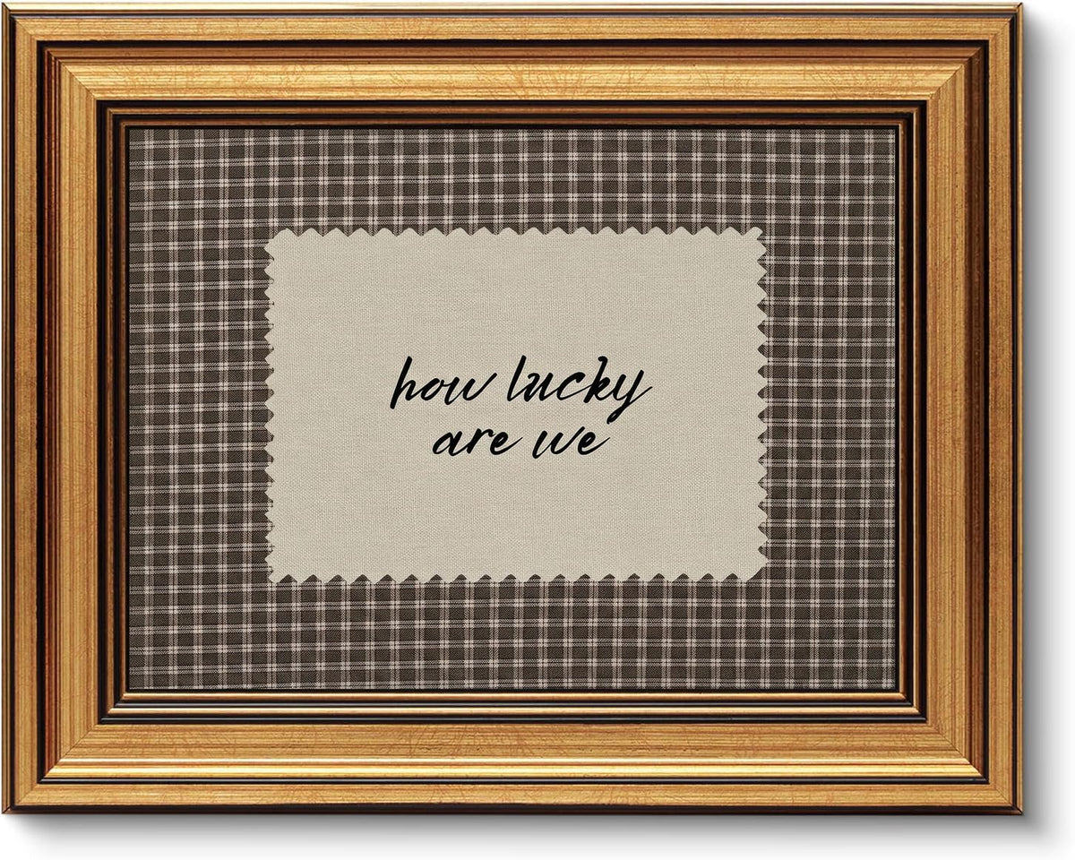 Gold Framed Wall Art, How Lucky Are We Canvas Prints, Rustic Brown Gingham Picture Wall Decor, Funky Preppy Stripe Quotes Artwork for Bedroom Dorm Apartment 9x11 inch