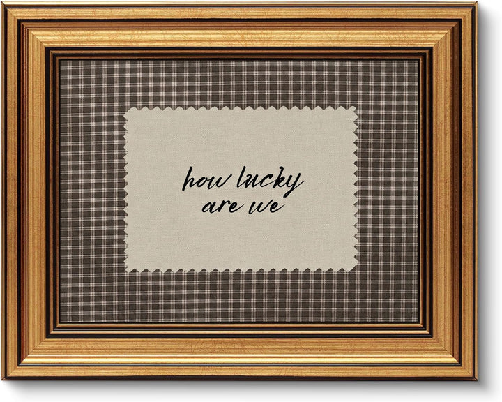 Gold Framed Wall Art, How Lucky Are We Canvas Prints, Rustic Brown Gingham Picture Wall Decor, Funky Preppy Stripe Quotes Artwork for Bedroom Dorm Apartment 9x11 inch