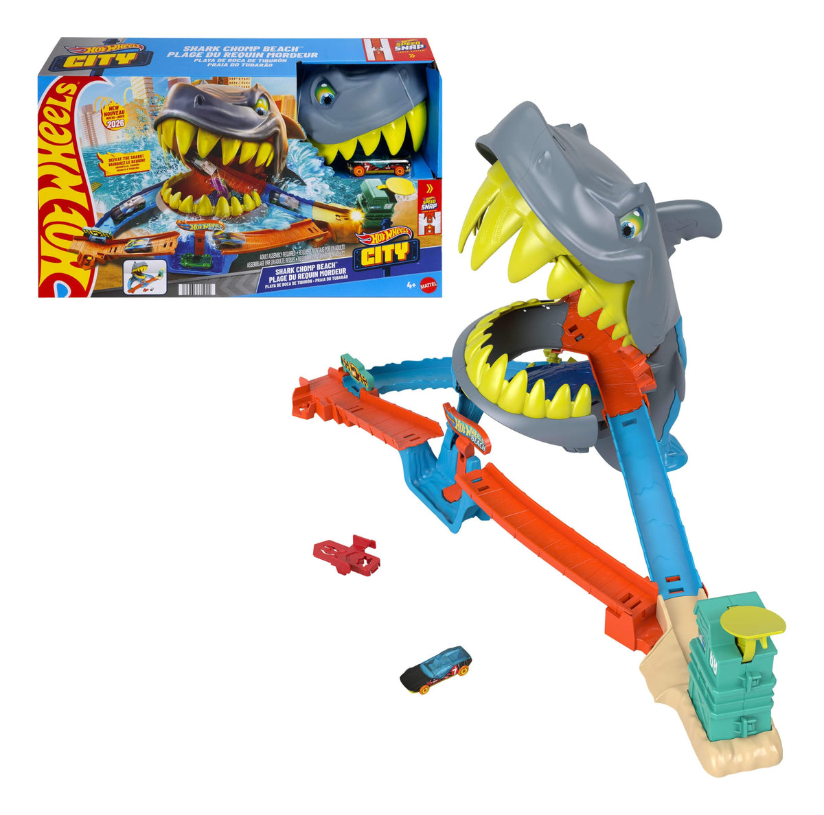 Hot Wheels City Shark Chomp Beach Playset & 1:64 Scale Toy Car | 1:64 Scale Die-Cast Vehicle & Track Set, 2 Ways to Play, Knock Out the Shark or Get Eaten