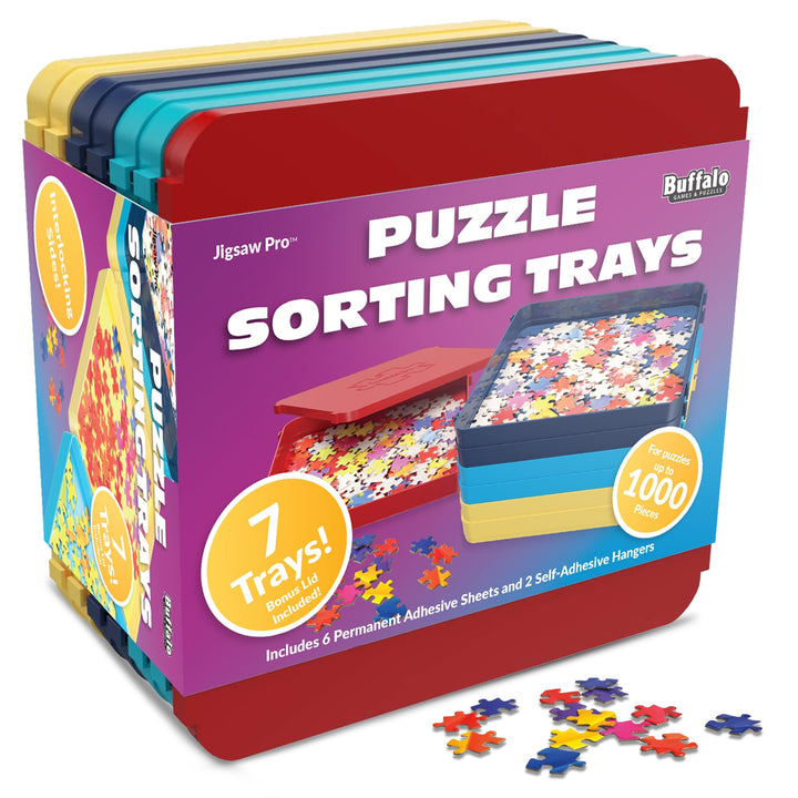 Buffalo Games Puzzle Sorting Trays for Adults, Puzzle Tray Storage, 7 Pc | Up to 1000 Pieces Sorted, Safety Lid for Easy Put Away, Interlocking Trays Fit Your Workspace, Puzzle Organizer for Adults