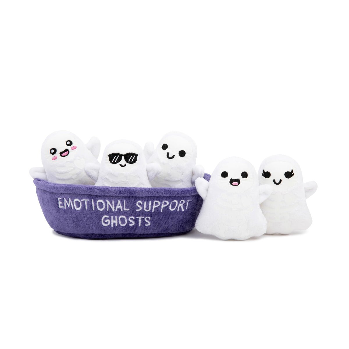 Emotional Support Ghosts, Cuddly Stuffed Animals by Relatable | Halloween Ghost Plush Toys & Cute Stuff, Halloween Gifts for All Ages, Includes 5 Plushies with Basket