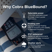 Cobra BlueBound 350 VHF Handheld Marine Radio, Black – 6-Watt, Floats | Long Range, NOAA Weather Alerts, International Functionality, IPX7 Waterproof, USB-C, Submersible, LCD Screen, Belt Clip