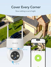 GNCC Solar Security Cameras Wireless Outdoor 2.4G WiFi, SD/Cloud Storage | Solar & Battery 360° Security Cameras, Color Night Vision, PIR Motion Detection, Spotlight & Siren Alarm, IP65 Waterproof