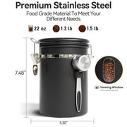 Veken Coffee Canister with Window, Airtight Stainless Steel Container, 22OZ | Kitchen Food Storage Pantry Organizers for Beans,Ground,Espresso,Rice,Tea,Sugar,Bar Accessories,Gifts,Lids,Jars, Scoop, Black