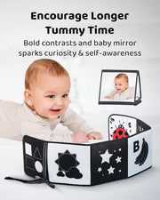 Infinno High Contrast Baby Book, Black and White, Tummy Time Mirror Toy | Newborn visual stimulation 0-6 months, Montessori sensory play, soft crinkle pages, folds flat,stands on a baby gym mat