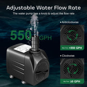 GROWNEER 550GPH Submersible Pump 30W Fountain Aquarium Water Pump | 2000L/H, with 7.2ft High Lift, 3 Nozzles for Fish Tank, Pond, Hydroponics, Statuary, Pool, Water feature, 5.9ft Power Cord