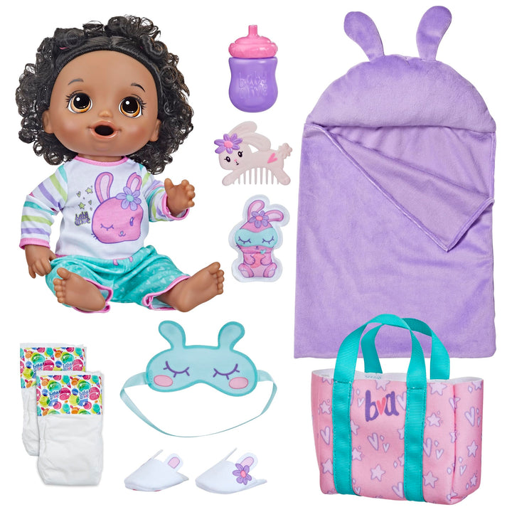 Baby Alive Bunny Sleepover Baby Doll, Bedtime-Themed 12-Inch Dolls, Sleeping Bag & Bunny-Themed Doll Accessories, Toys for 3 Year Old Girls and Boys and Up, Black Hair (Amazon Exclusive)
