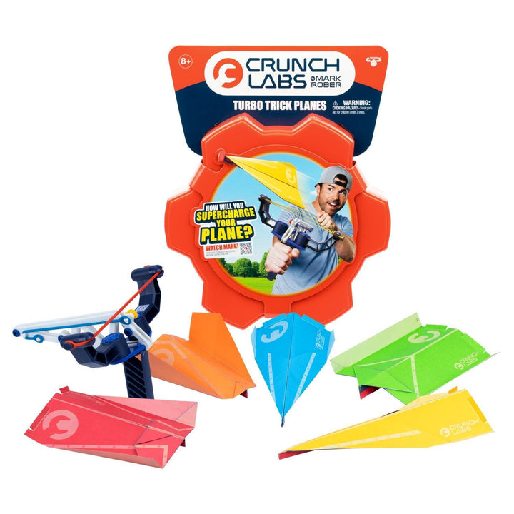 CrunchLabs by Mark Rober, Turbo Trick Paper Airplane, Fold, Launch, Fly | Launcher kit with 5 flight designs, 3 power bands, and QR how-to videos for experimenting with airplanes