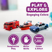 Tub Works® Emergency™ Cars Light Up Bath Toys, 6 Pack | Water-Activated Light Up Toys Flash & Change Colour | Soft, Squeezable Baby & Toddler Bath Toys | Sensory Toys with Bath Lights for Kids Bath