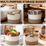 HZFTJOY Large Woven Blanket Basket,65L Cotton Rope Laundry Basket | Collapsible Nursery Storage Bin with Sturdy Handles for Clothes, Toys, Pillows, Living Room Bedroom Bathroom - White & Brown