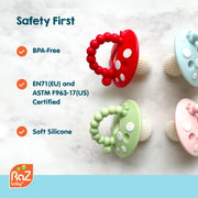 RaZbaby Soft Silicone Infant & Baby 3M+ Teether Toy Massaging Bristles Teething Relief Pacifier - Soothes Sore Gums - Hands-Free & Easy-to-Hold Chompy Teether, BPA Free (RED/Green)