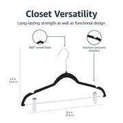 Amazon Basics Velvet Non-Slip Skirt Clothes Hangers with Clips, 360 Degree Rotatable Hook, Organize Pants and Skirts, Black/Silver, 24-Pack