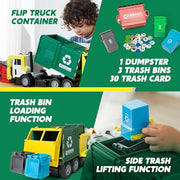 JOYIN Large Friction Powered Garbage Truck Toy Set, Includes 1 Dumpster, 3 Trash Bins, and 30 Learning Cards for Kids, Boy Toys Birthday Gift, Green