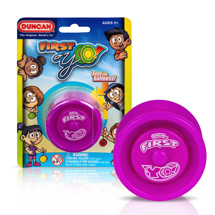 Duncan Toys First Yo! Responsive Beginner Yo-Yo for Kids, Purple/Yellow | Super-Soft Silicone Body, Shorter String for Better Control, Responsive Return, Safe for Young Kids