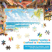300 Piece Jigsaw Puzzle for Adults & Kids, Seaside Surf Shop, 20.5x15 in | Colorful surf shop filled with surfboards, beach gear and a sunny ocean view