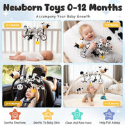 Spiral Car Seat Baby Toys 0-6 Months, Infant Carseat High Contrast Sensory Toys Hanging Stroller Accessories, Newborn Shower Gifts for Baby Boys Essentials Stuff, Cute Black and White Cow